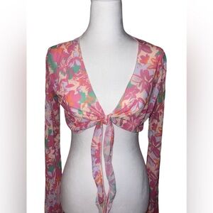 Pink Floral Mesh Long Sleeve Crop Top Sz Small